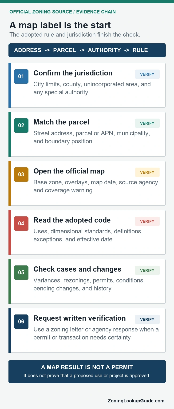 Six-step zoning evidence chain from jurisdiction and parcel identity to official map, adopted code, cases, and written verification