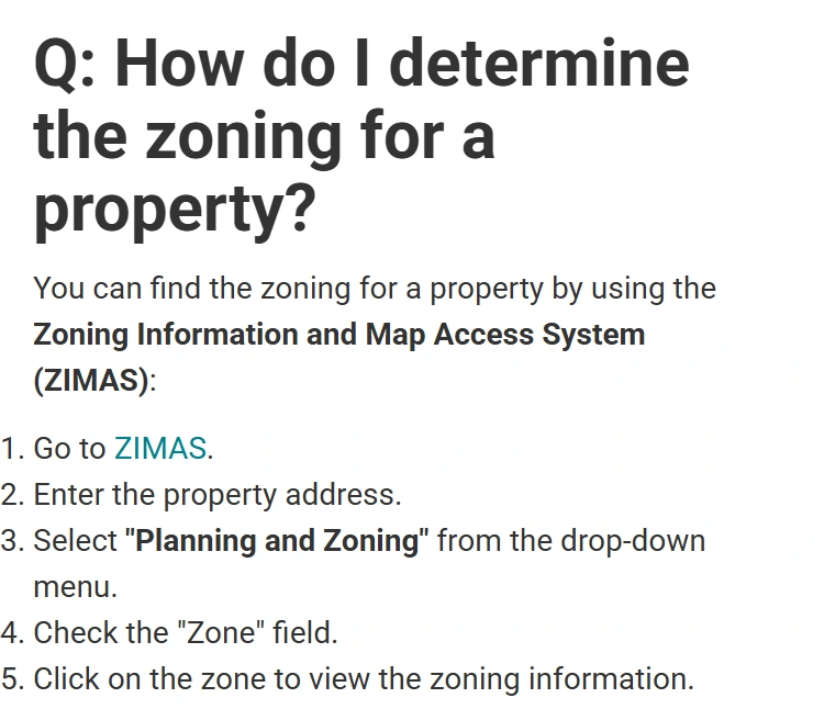 Los Angeles City Planning instructions for finding a property zone in ZIMAS using the Planning and Zoning menu