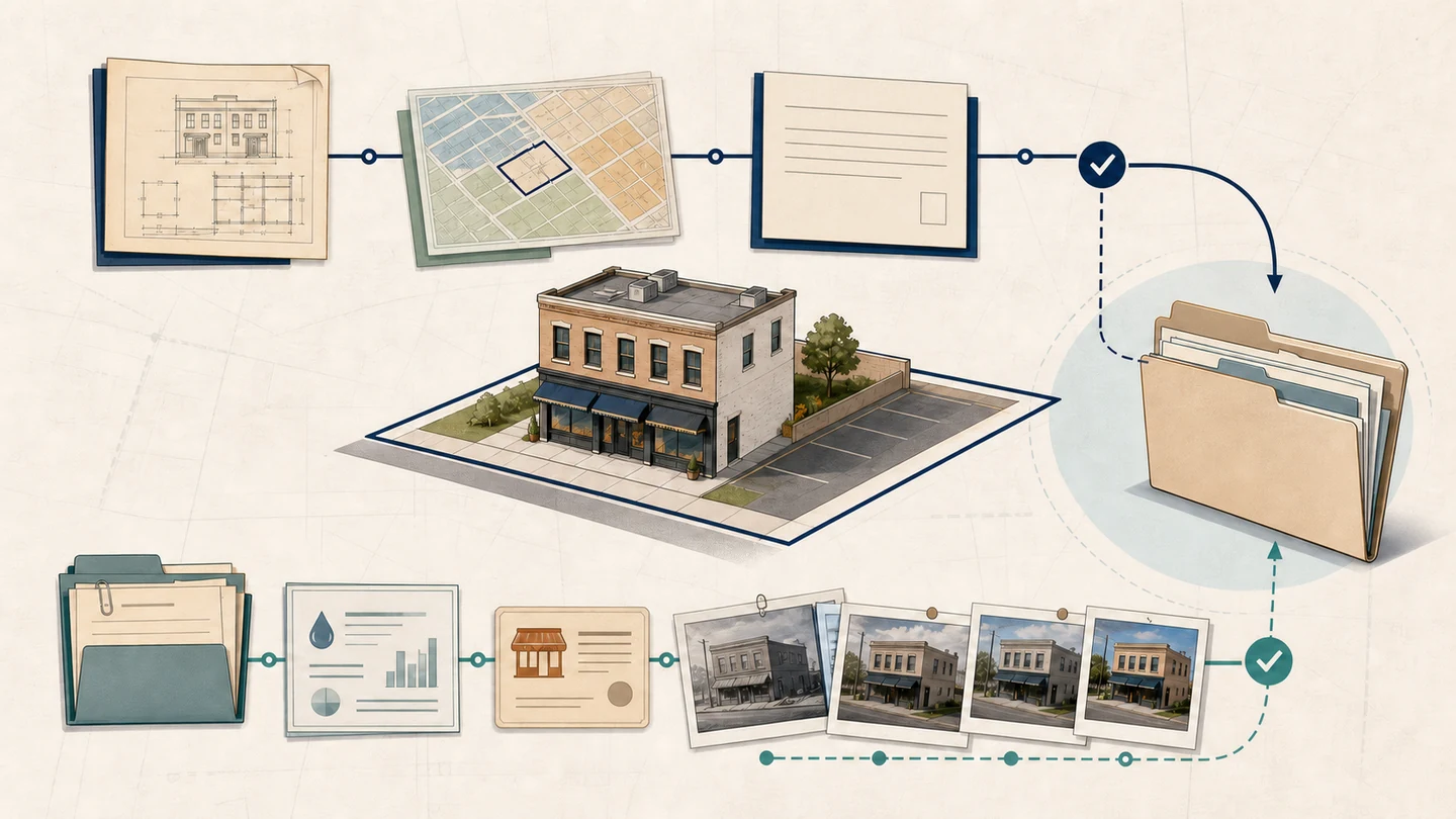 Illustration of historical permit and continuity records leading to a local zoning review