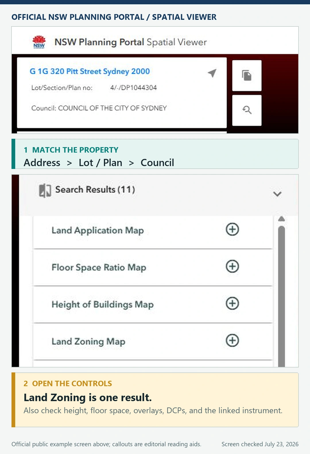 Official NSW Planning Portal Spatial Viewer example showing an address matched to lot plan council and separate planning map results