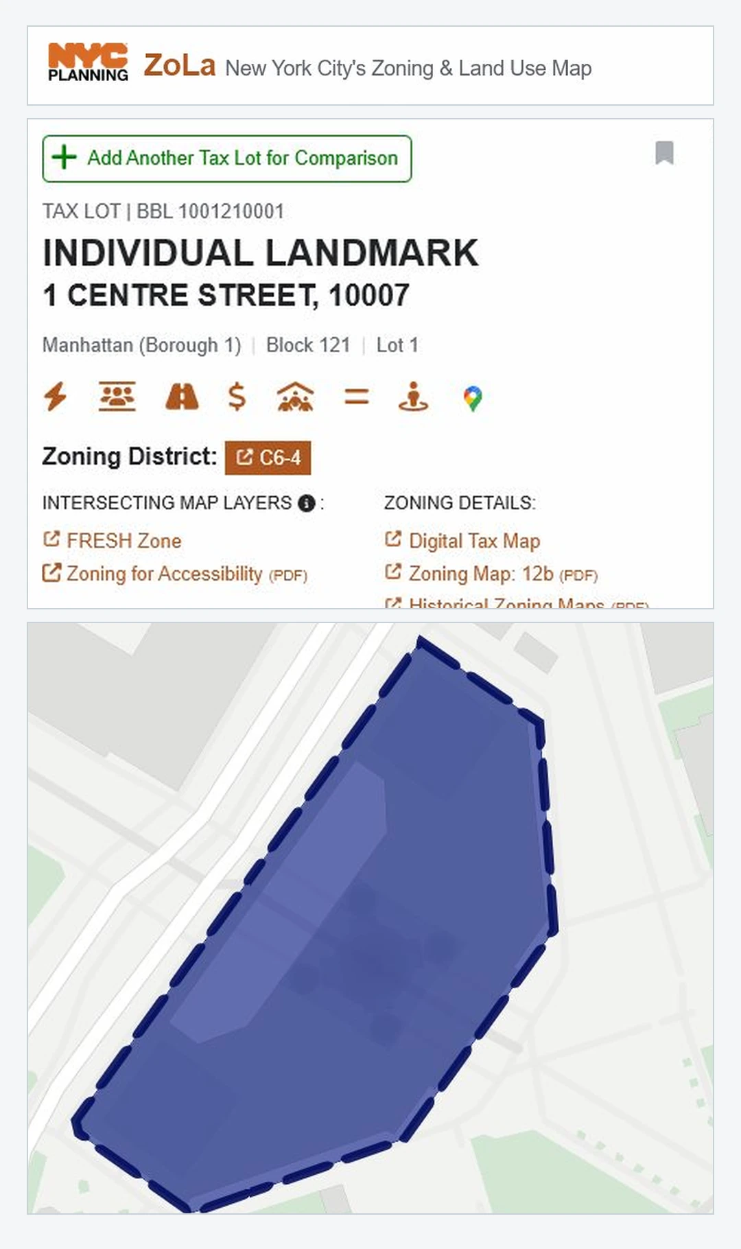 Official NYC ZoLa result for a public civic property showing address BBL zoning district and highlighted lot