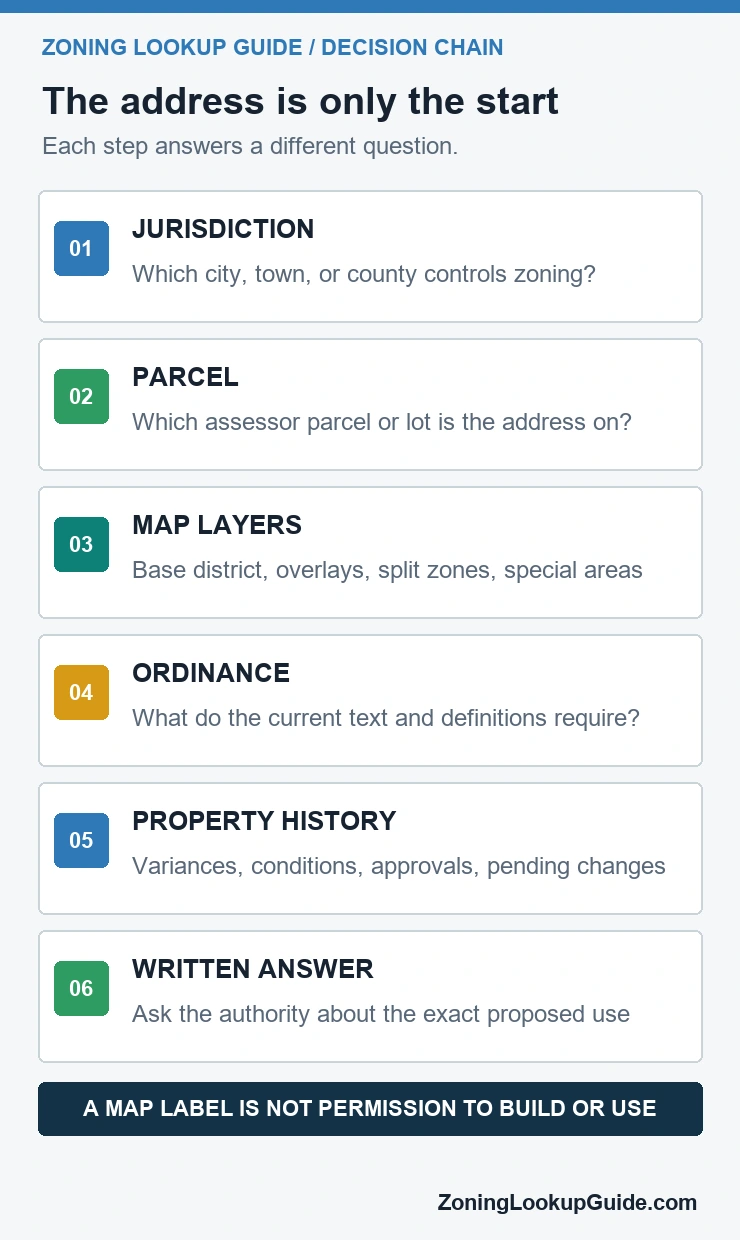Six-step zoning lookup chain from jurisdiction and parcel to map layers, ordinance, property history, and a written answer