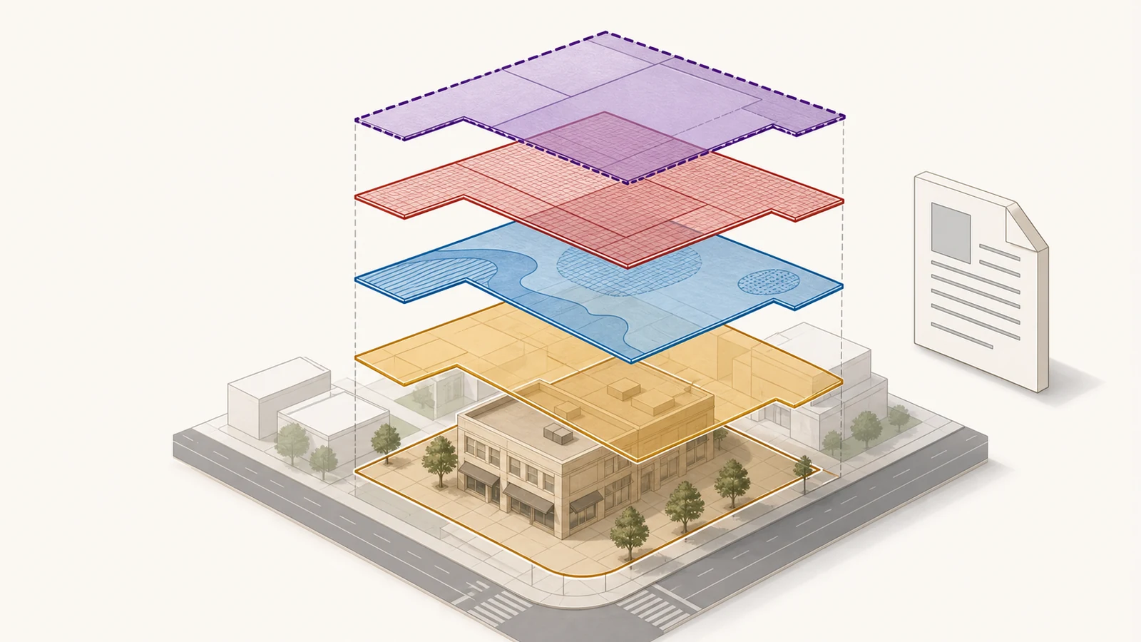 Illustration of one parcel beneath aligned base zoning, overlay, and special-district map layers